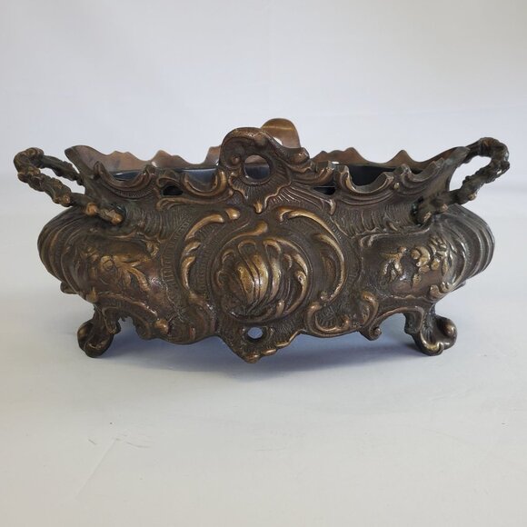 Vtg Brass Italian Style Rococo Jardiniere Planter with Insert  -11.75" Long - Picture 3 of 9